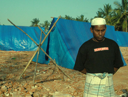 The blue tents of the camp
